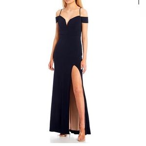 Off-the-Shoulder Cap Sleeve Sweetheart Neckline High Side-Slit Long Dress* Navy*